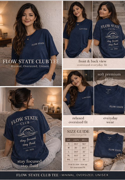 Navy blue t-shirt with 'Flow State Club' text and graphics, shown from front, back, and side views, on a model in a bedroom setting.